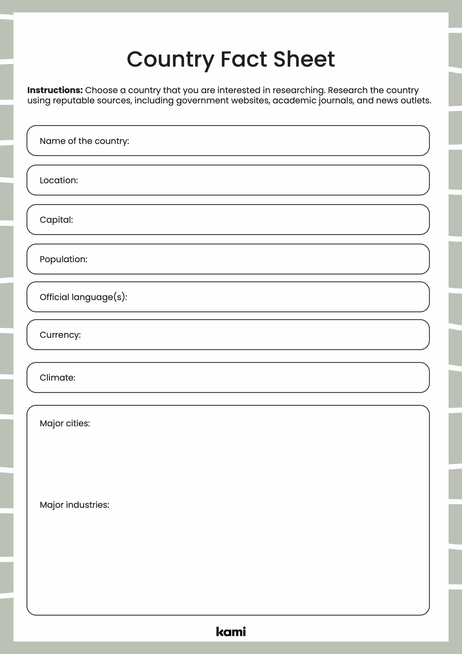 Country Fact Sheet Printable Country Fact Sheet Printable