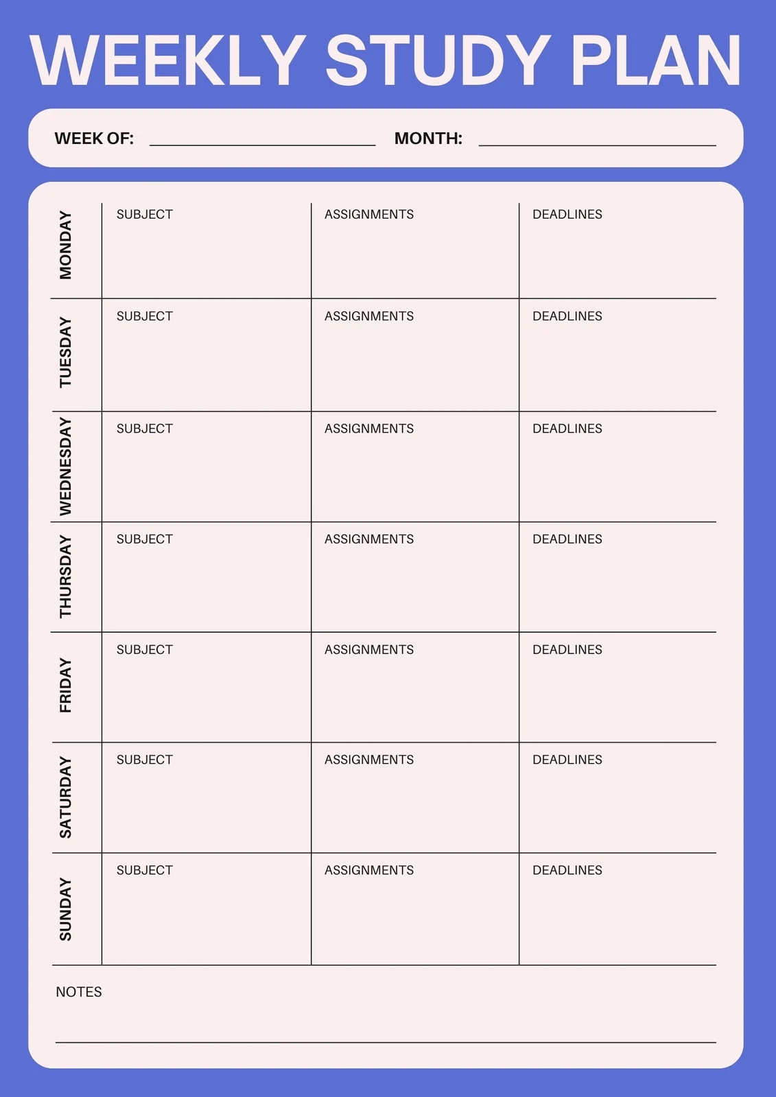 Printable School Subject Planner