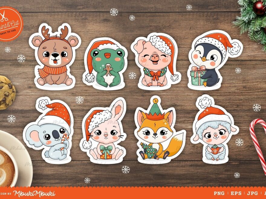 Cute Christmas Animals Printable Stickers Cricut Design