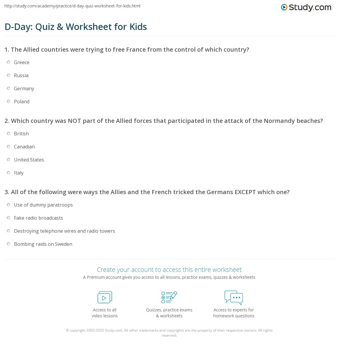 D Day Quiz Worksheet For Kids Study D Day Quiz Worksheet For Kids Study