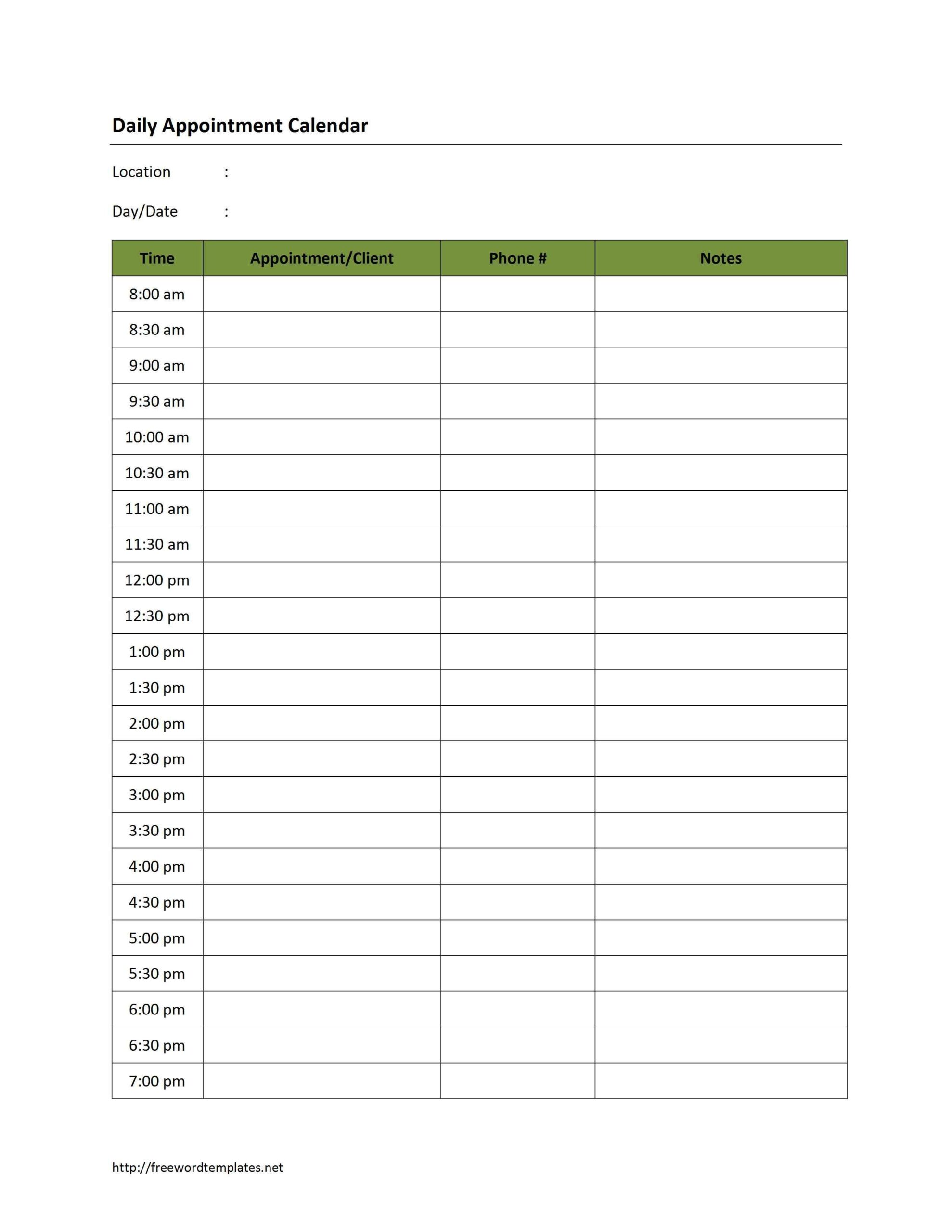 Daily Appointment Schedule Printable