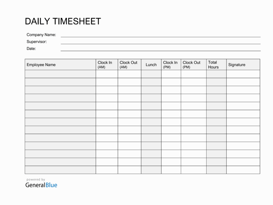 Daily Clock In Clock Out Sheet In PDF