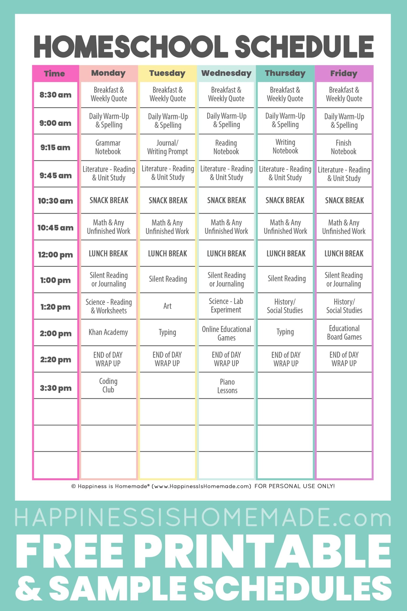 Daily Homeschool Schedule Printable