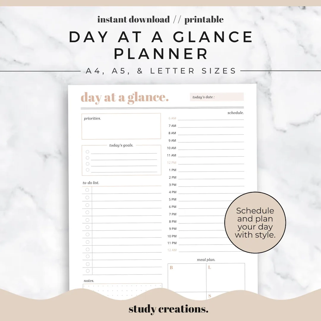 Daily Planner Printable Day At A Glance Daily To do List Hourly Schedule A4 A5 And Letter Sizes Instant Download Etsy