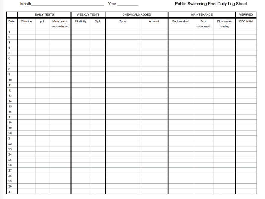 Daily Pool Log Sheets
