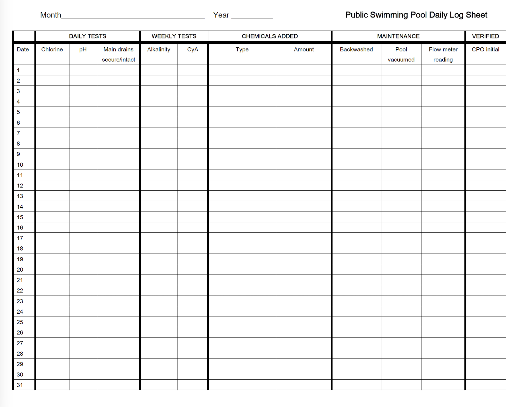 Daily Pool Log Sheets Daily Pool Log Sheets