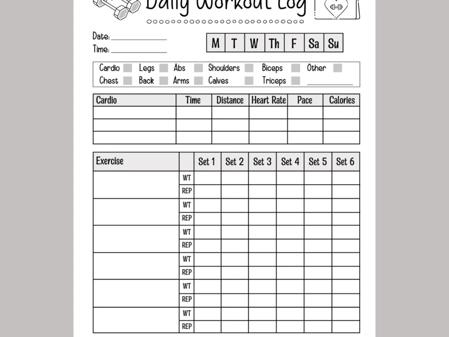 Daily Workout Log Printable Exercise Planner Gym Training Tracker Scribbled LLC