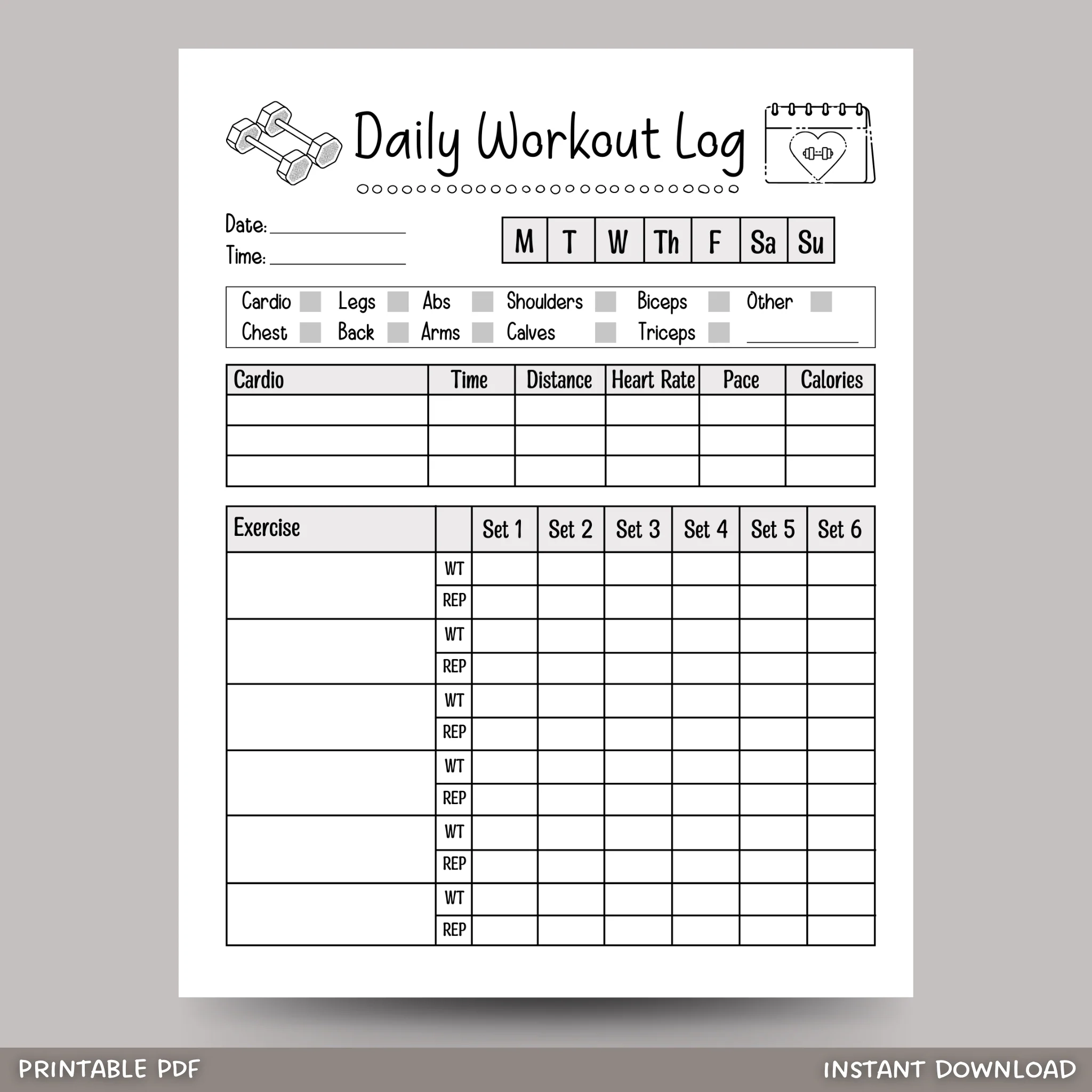 Daily Workout Log Printable Exercise Planner Gym Training Tracker Scribbled LLC