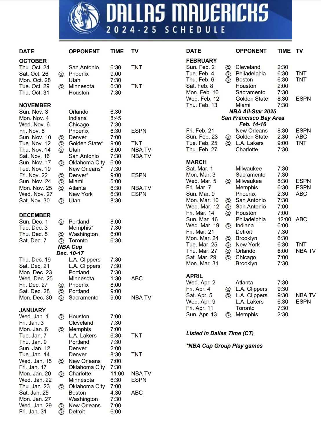 Dallas Mavericks Schedule
