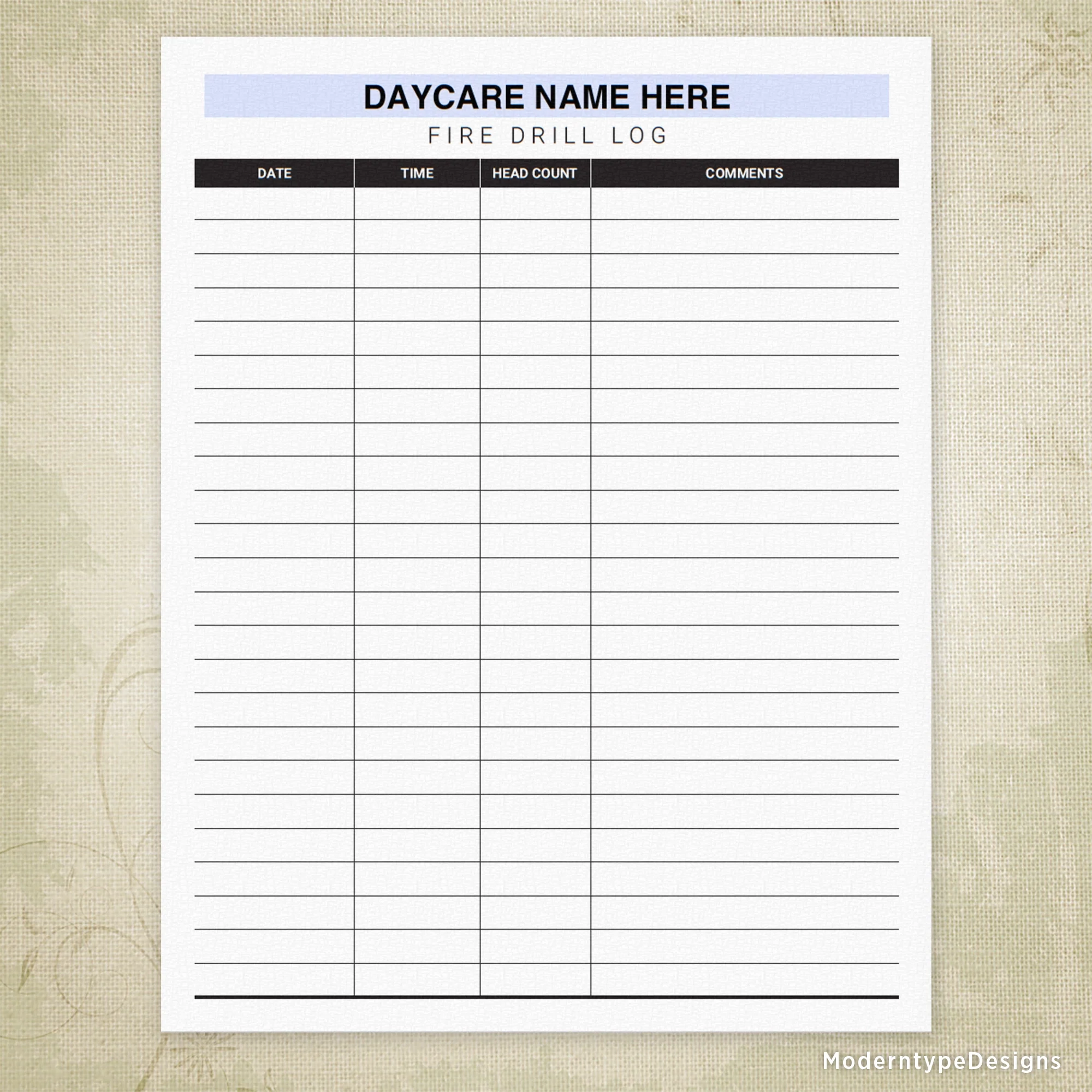 Daycare Fire Drill Log Printable Personalized