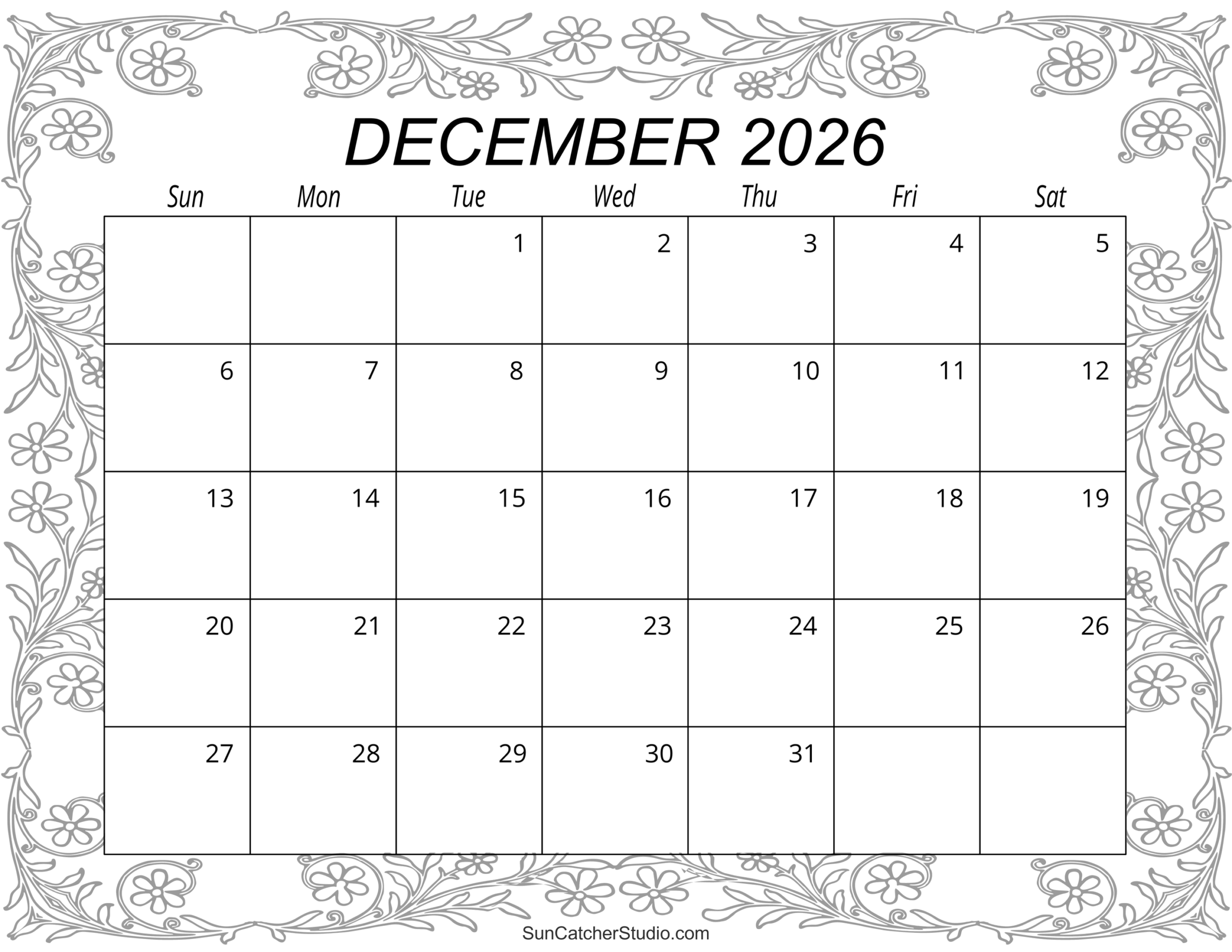 December 2026 Calendar Free Printable Free Printables Monograms Design Tools Patterns DIY Projects
