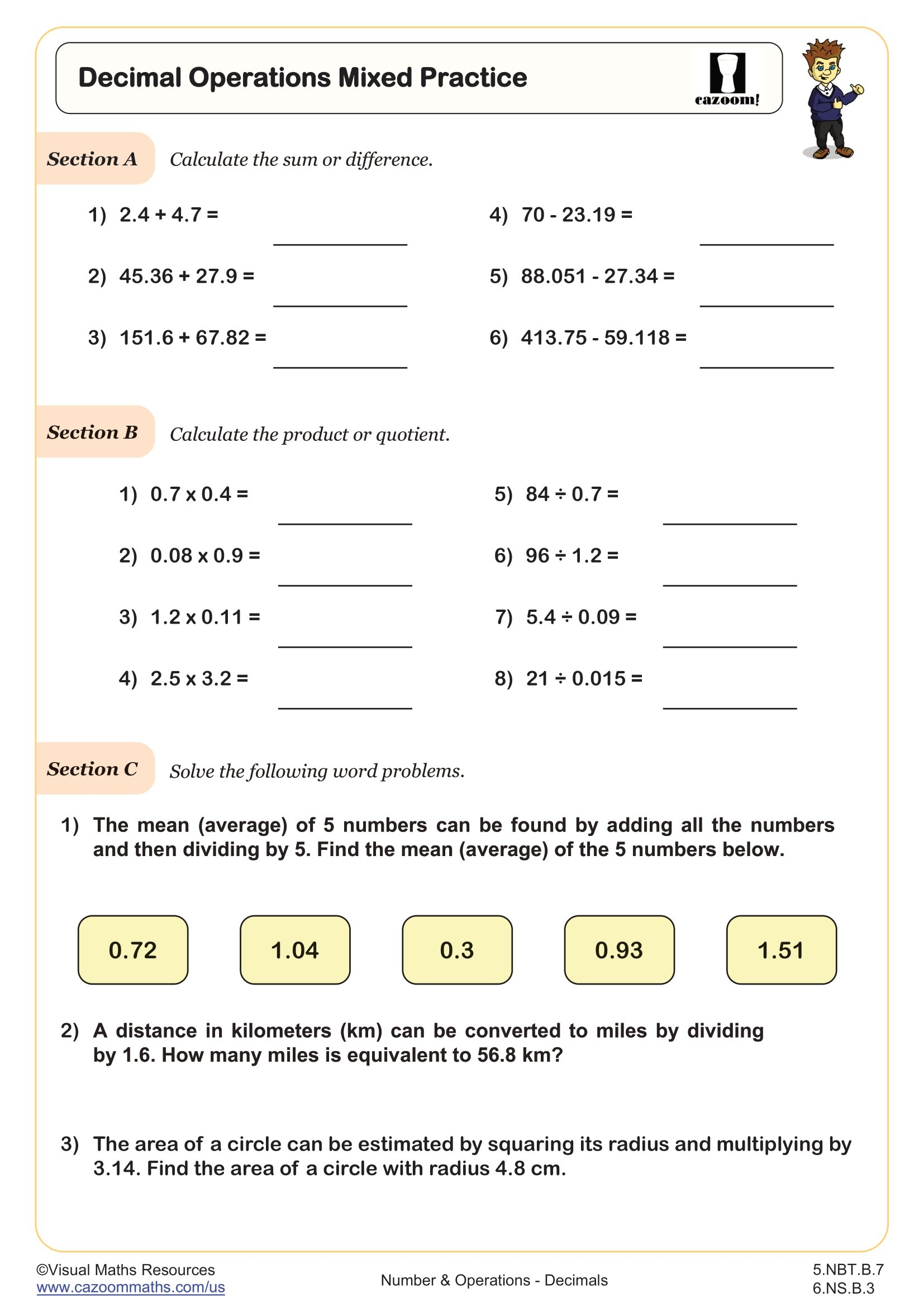 Printable Decimal Operation Quiz