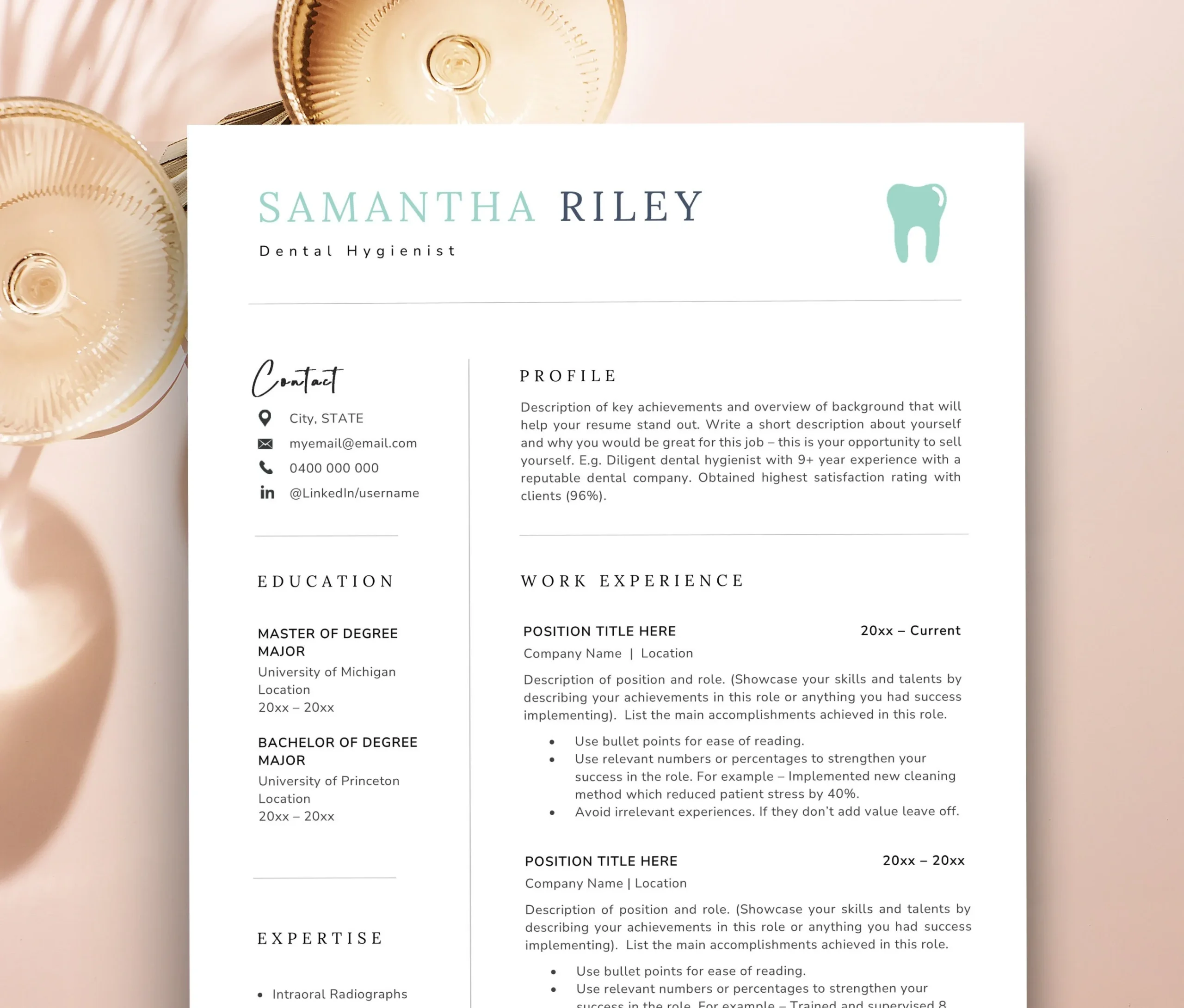 Dental Resume Template Dental Assistant Resume Dental Hygiene Resume Resume For Dentists Dental Receptionist Resume Hygienist Resume Etsy