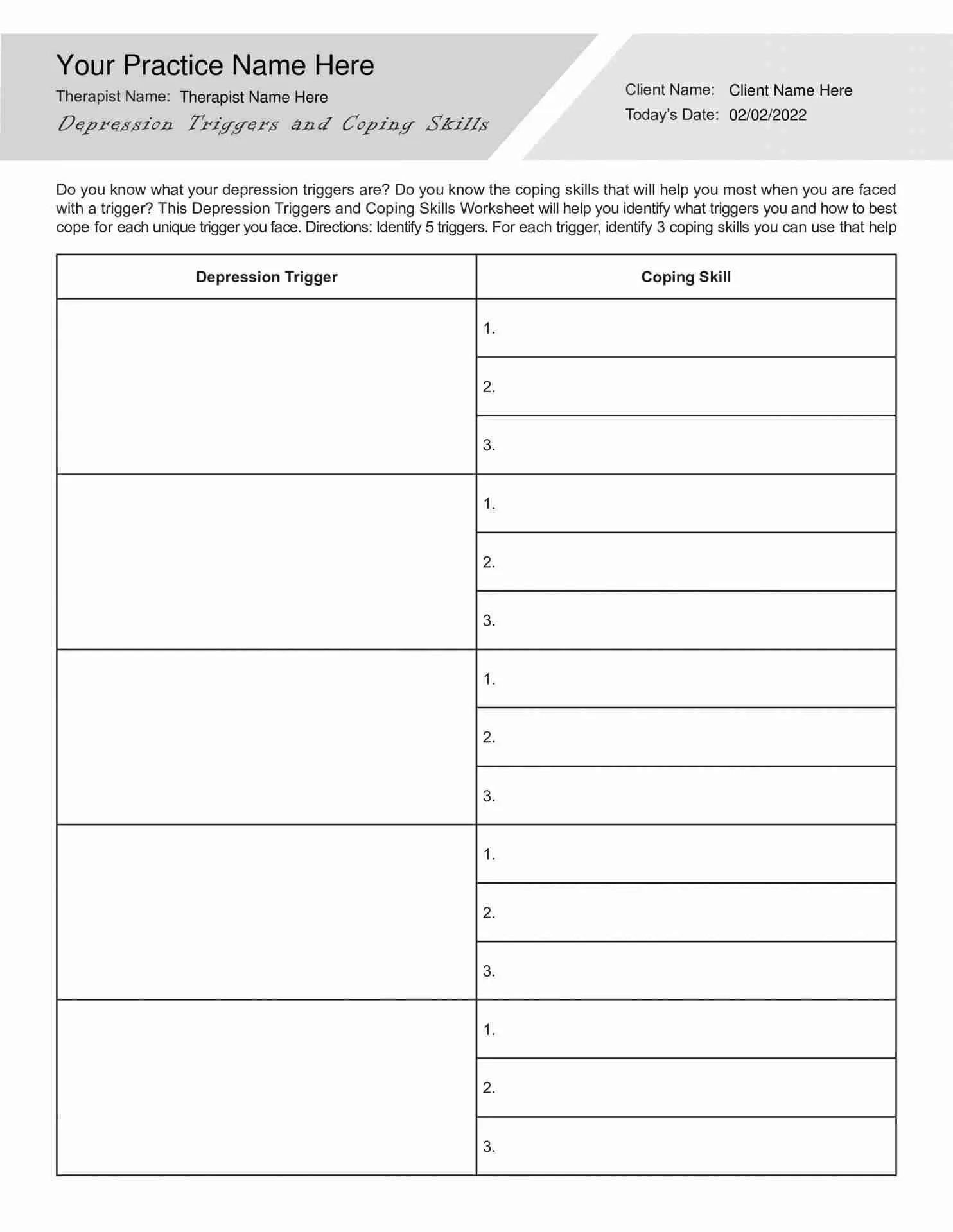 Depression Triggers And Coping Skills Worksheet PDF TherapyByPro Depression Triggers And Coping Skills Worksheet PDF TherapyByPro