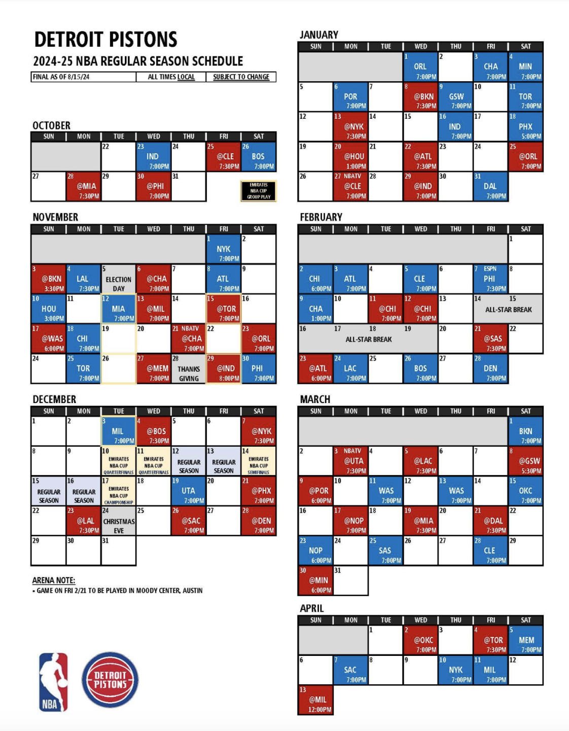 Detroit Pistons Printable Schedule On Tv