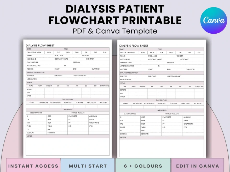 Dialysis Charting Nursing Template Hemodialysis Peritoneal Dialysis Monitoring Documentation printable PDF Canva Etsy