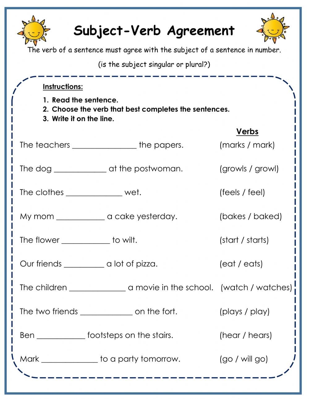 Printable Subject Verb Agreement Quiz
