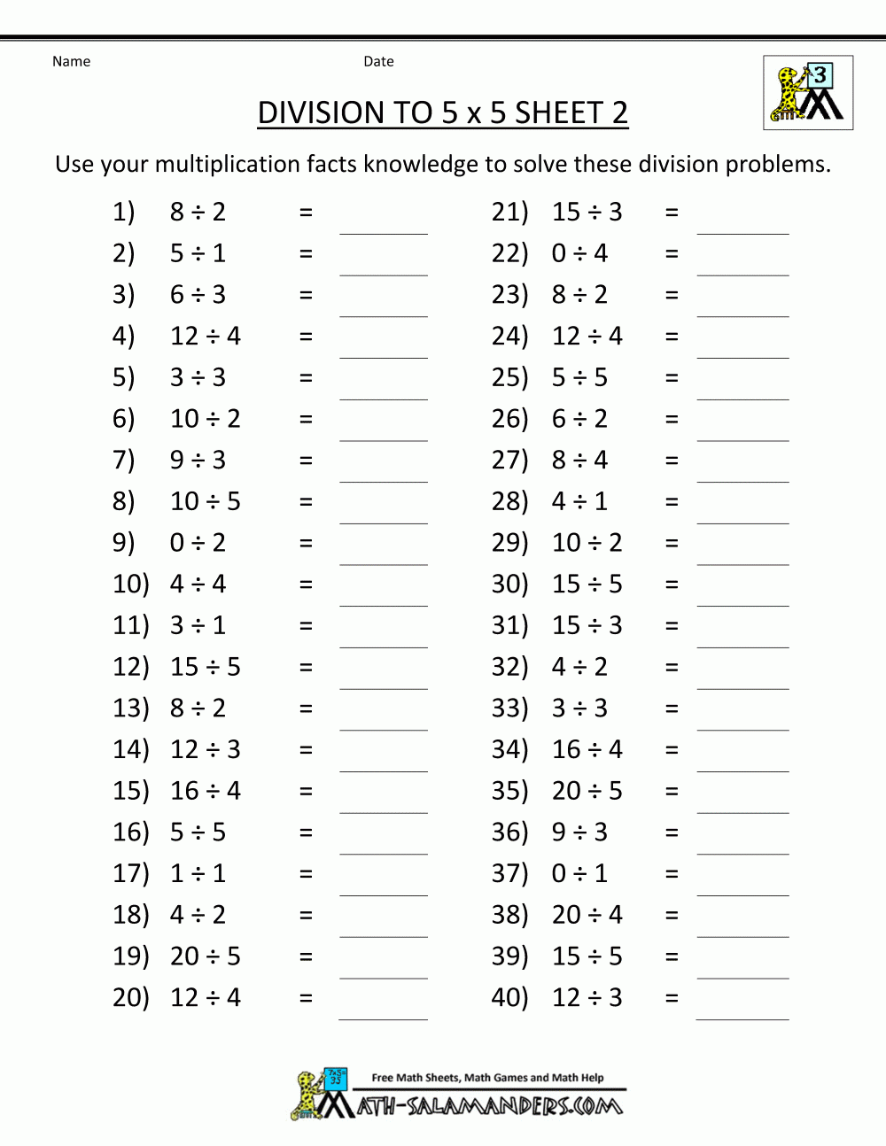 Printable 100 Problem Division Fact Sheets Printable 100 Problem Division Fact Sheets
