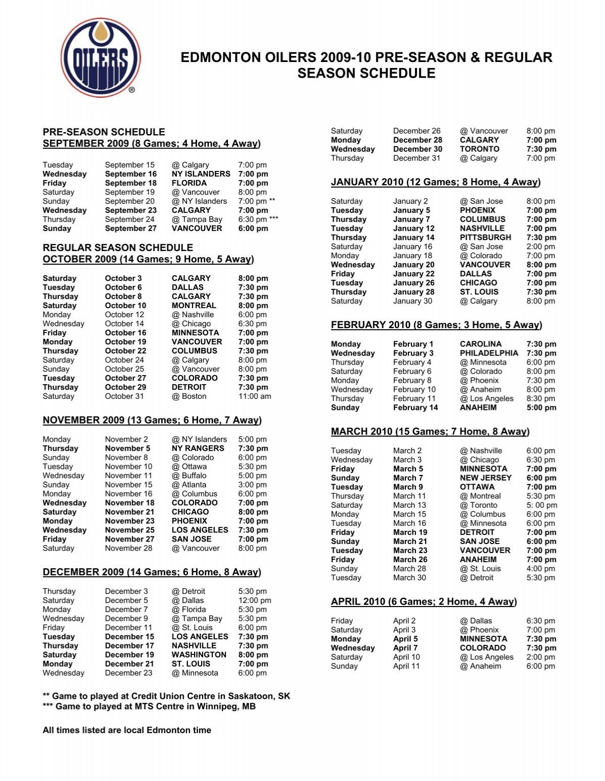 Download A Printable PDF Of The Complete Schedule Edmonton Oilers