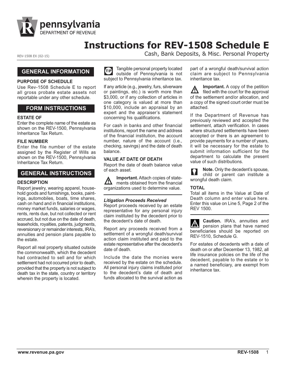 Download Instructions For Form REV 1508 Schedule E Cash Bank Deposits Misc Personal Property PDF Templateroller