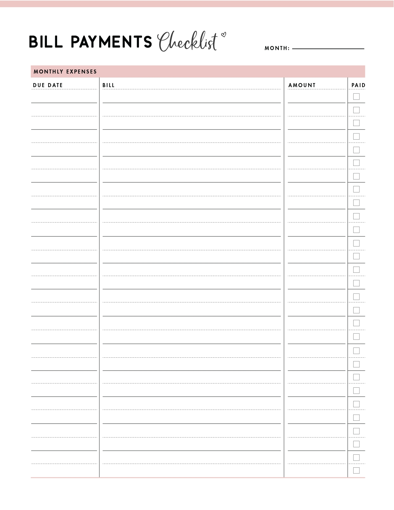 Printable Bill List Template