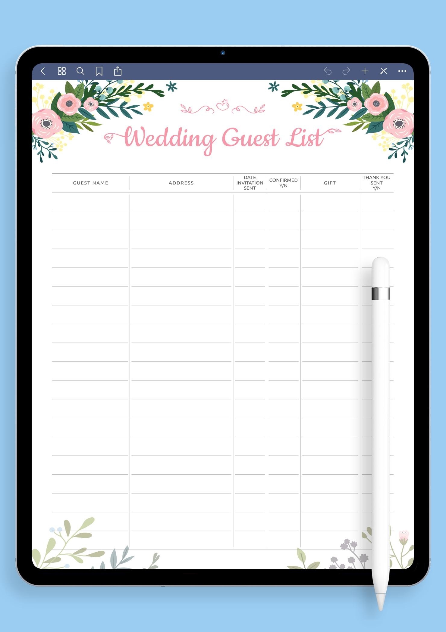 Printable Wedding Guest List Worksheet
