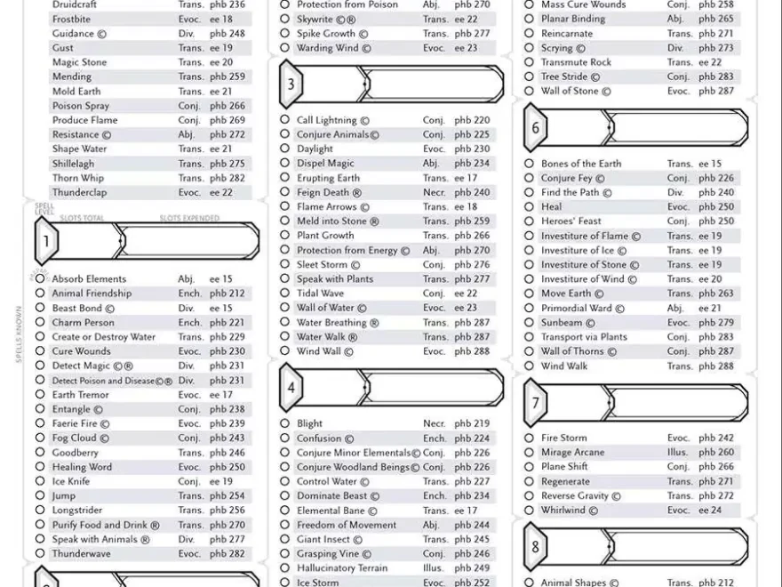 Druid Spell Sheet By John Bard Printable Dungeon Masters Guild Dungeon Masters Guild