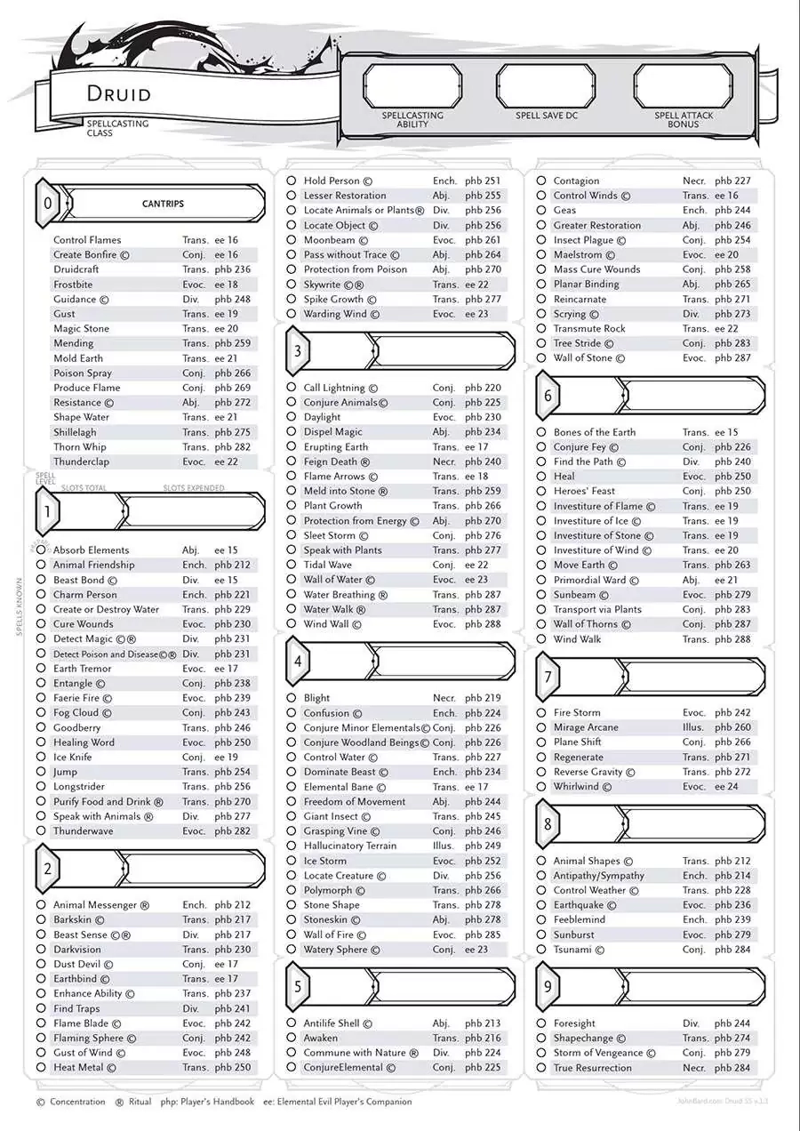 Druid Spell Sheet By John Bard Printable Dungeon Masters Guild Dungeon Masters Guild