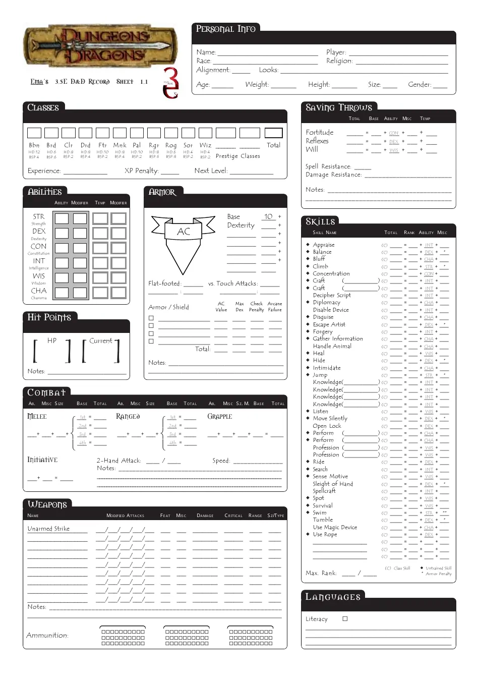 Free Printable D&D 3.5 Character Sheet