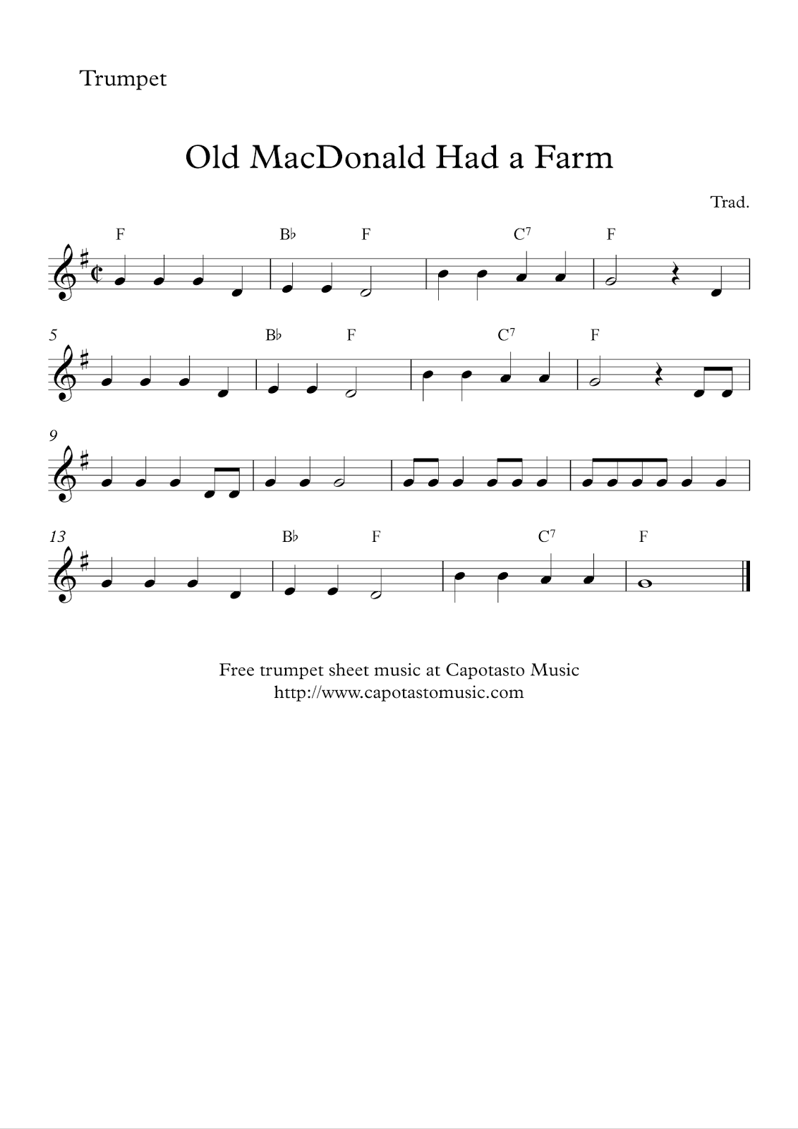 Easy Sheet Music For Beginners Free Easy Trumpet Sheet Music Old MacDonald Had A Farm
