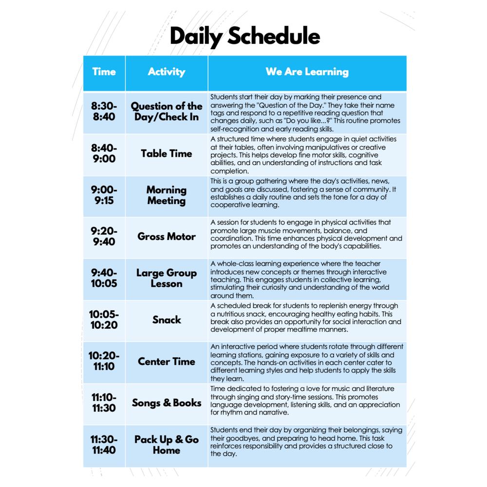 Printable Daily Schedule Pre-K