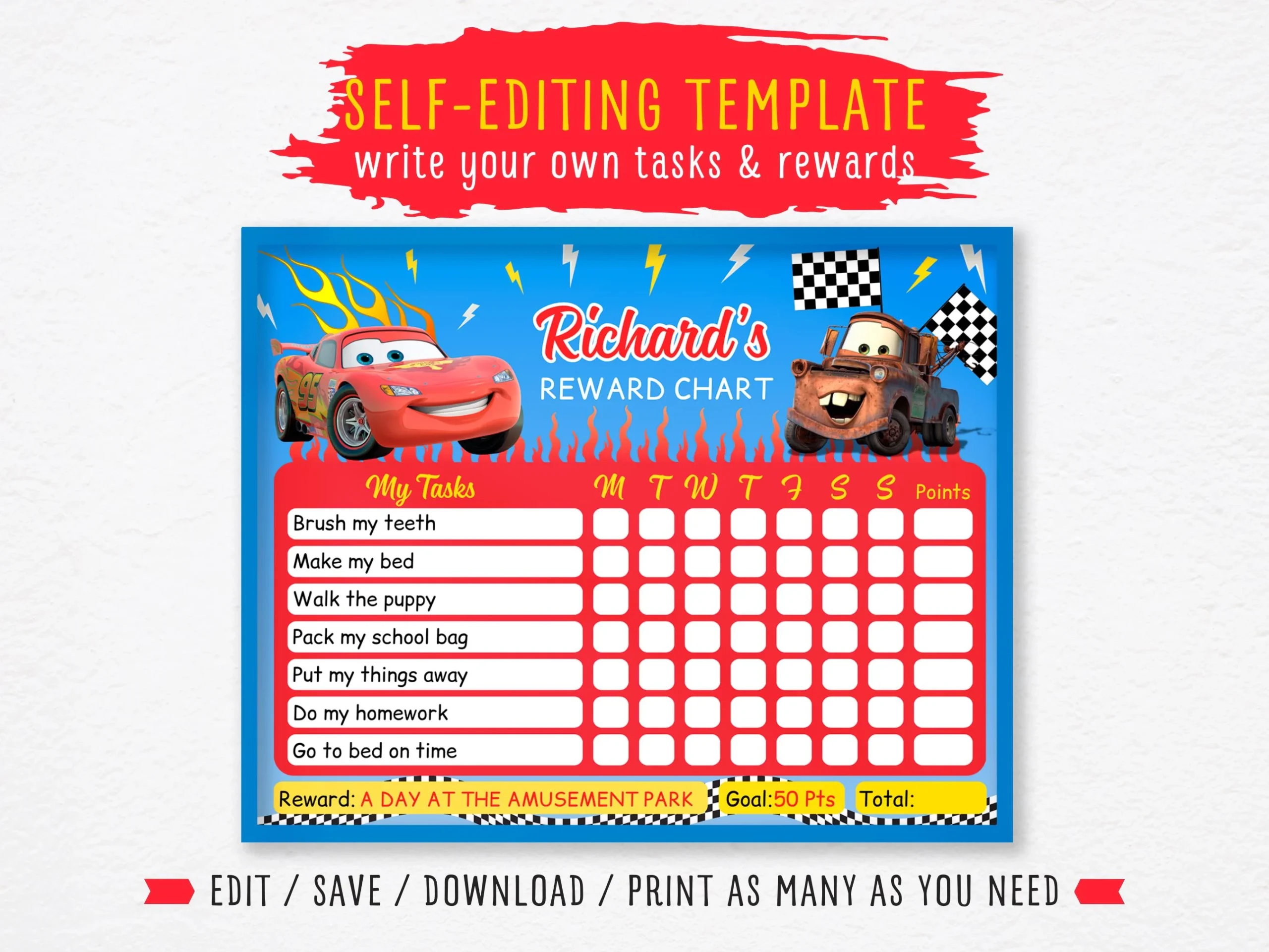 EDITABLE Reward Chart Cars Pixar reward Chart For Kids lightning Mcqueen Chore Chart daily Editable Checklist printable Reward Chart For Boy Etsy