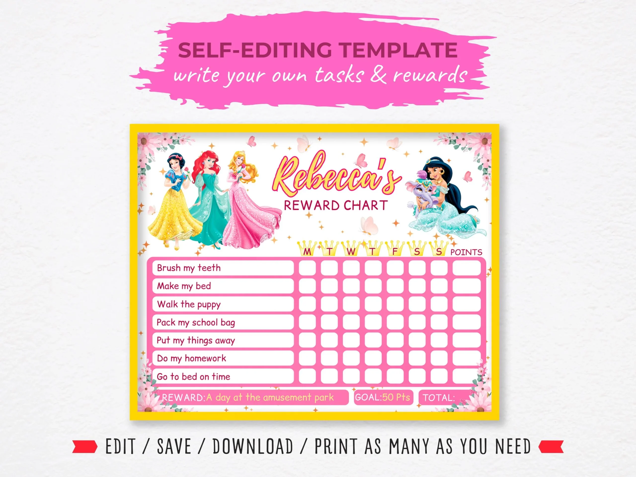 EDITABLE Reward Chart Girls Princess behavior Reward Chart For Girls chore Chart daily Editable Checklist printable Reward Chart For Girl Etsy