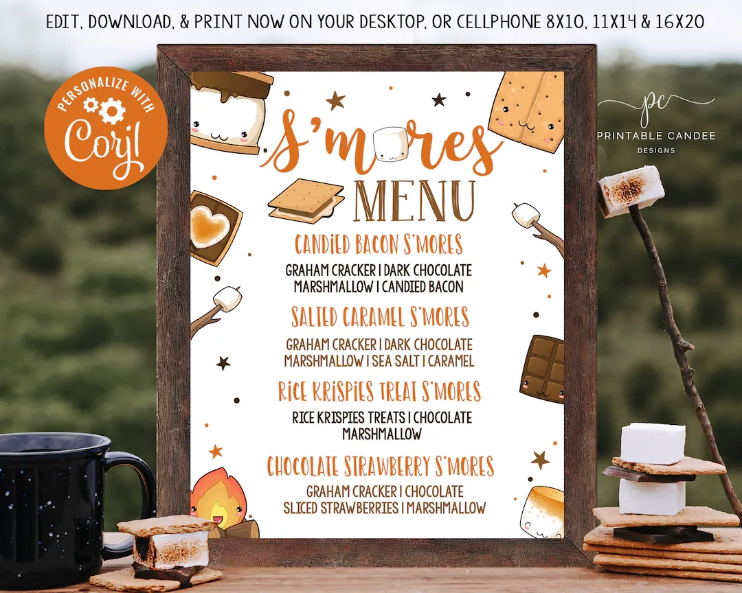 Editable S more Bar Menu Sign Smore Bar S mores Station Outdoor Party Birthday Smores Theme Decor Printable Instant Download Etsy