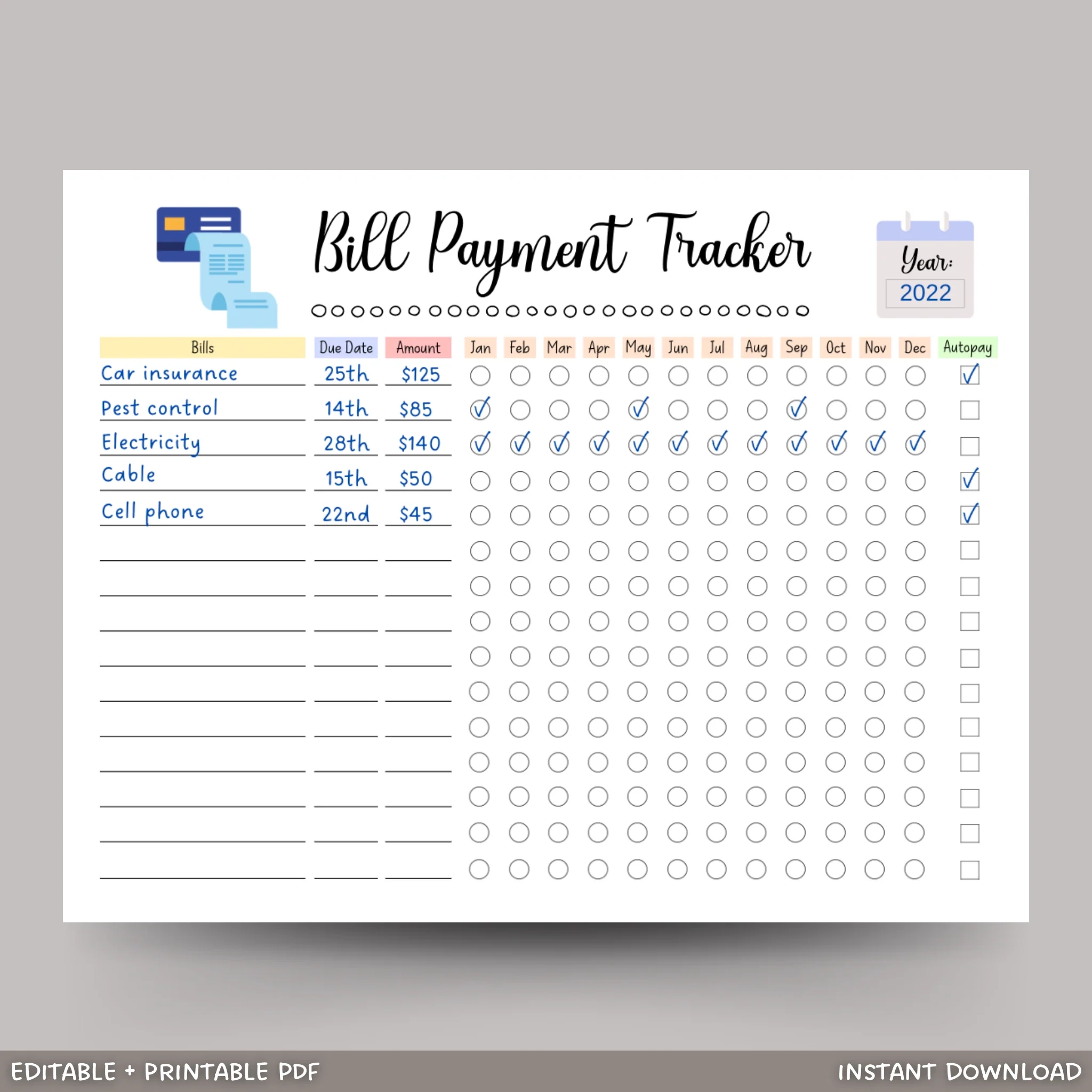 Editable Yearly Bill Tracker Printable Monthly Bill Planner Payment L Scribbled LLC