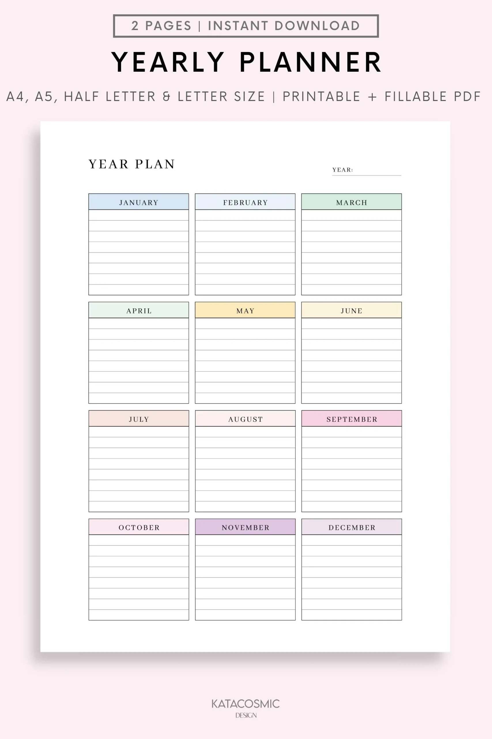 Editable Yearly Planner Printable Yearly Overview On One Page Year At A Glance Undated Minimalist Planner Calendar Template Annual Plan Etsy
