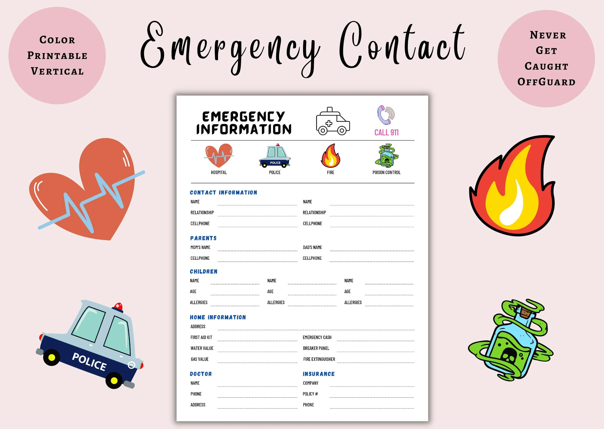 Emergency Contact List Emergency Contact Sheet Home Emergency Nanny Information Medical Contact Digital Prints Instant Download Etsy