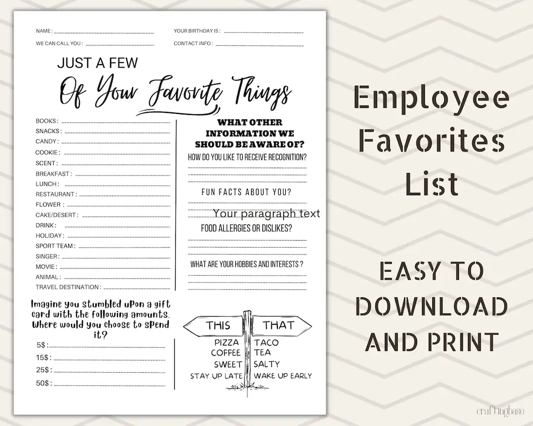 Employee Favorites List Employee Wishlist Printable Employee Favorites List PDF For Office Use Get To Know Your Team Better Etsy Employee Favorites List Employee Wishlist Printable Employee Favorites List PDF For Office Use Get To Know Your Team Better Etsy