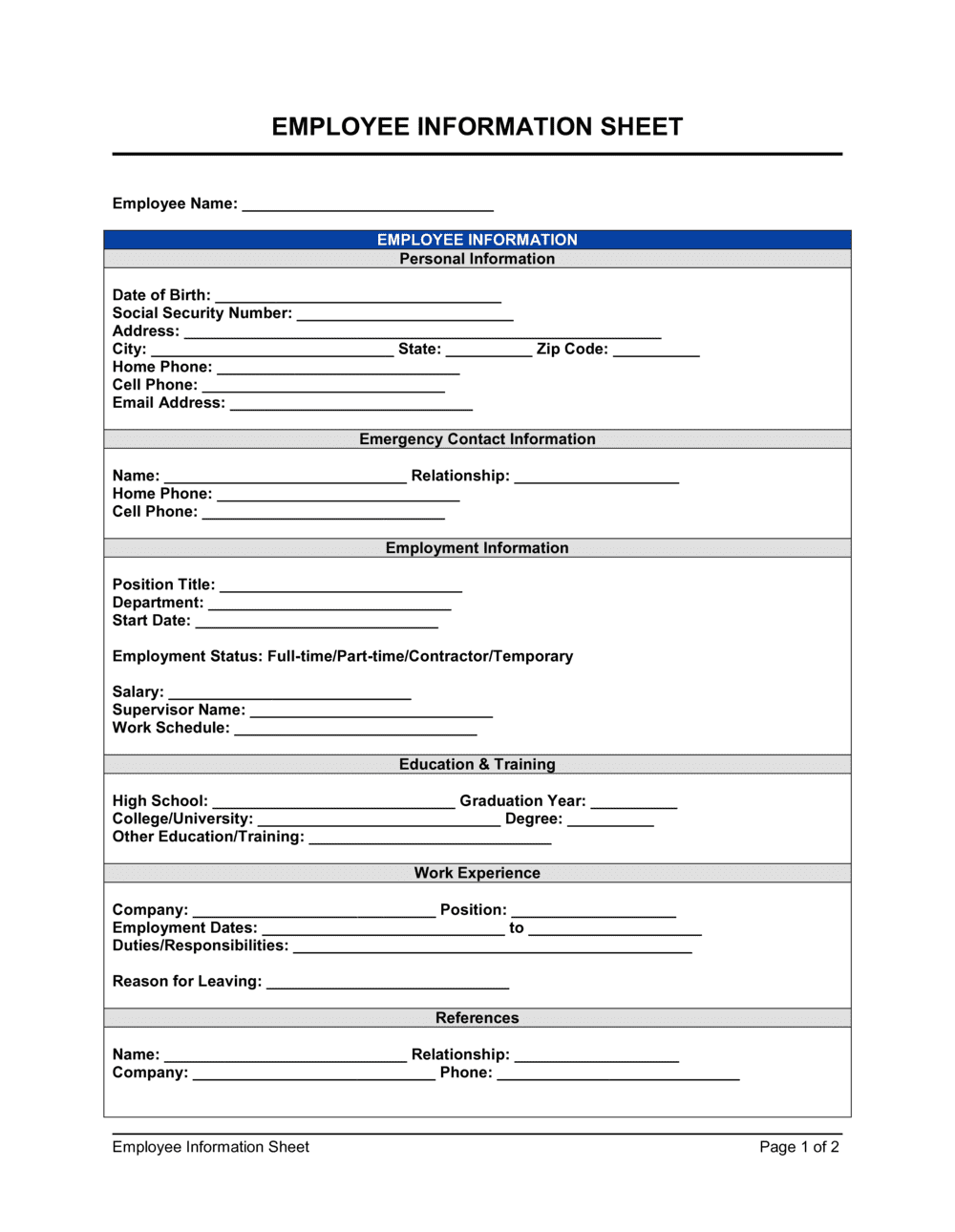 Employee Information Sheet Template Word PDF Free Trial Employee Information Sheet Template Word PDF Free Trial