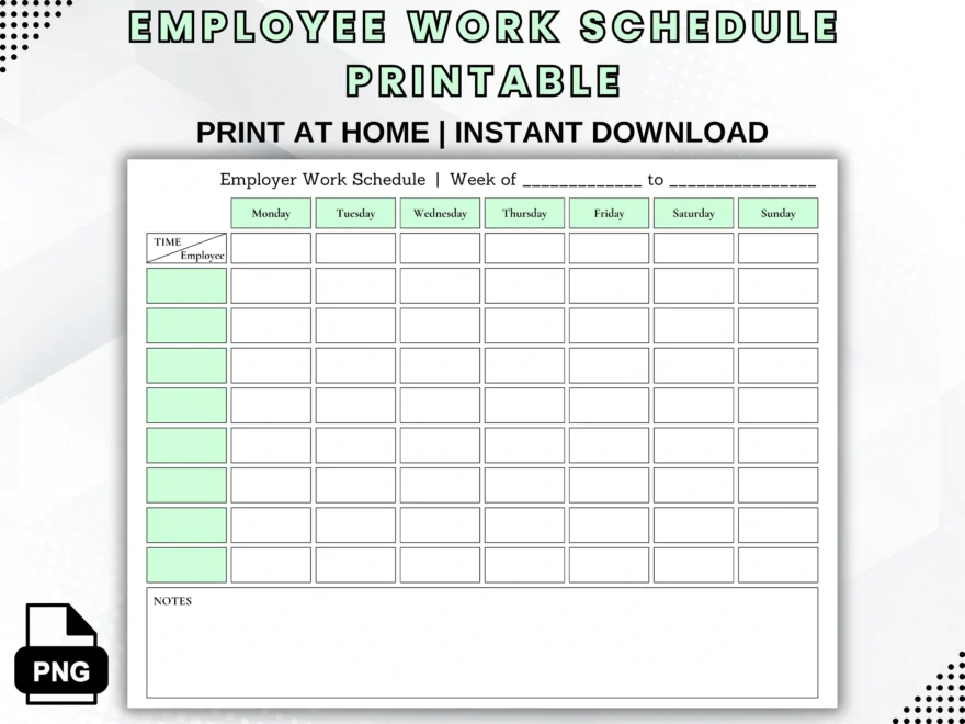 Employee Work Schedule Printable Weekly Staff Shift Template PDF PNG JPG Etsy
