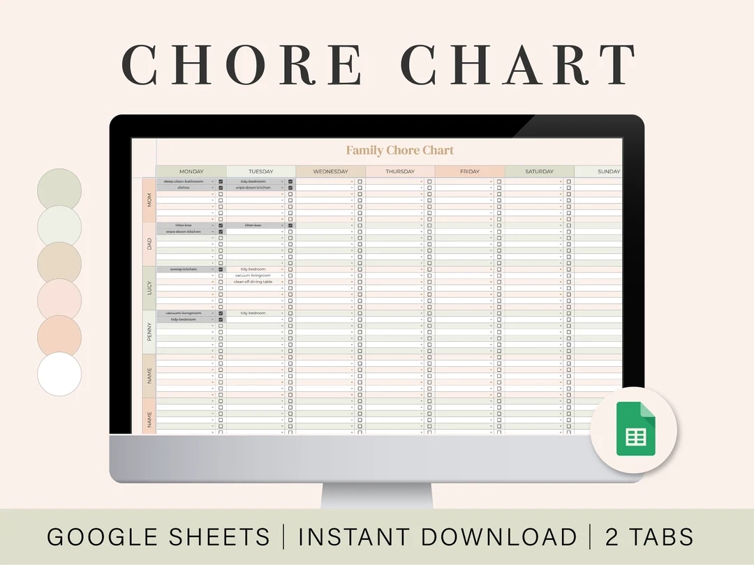 Family Chore Chart Google Sheets Spreadsheet Template Digital Chore Tracker Weekly Chore Chart Etsy