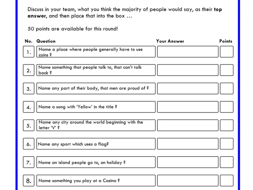 Family Fortunes Game 26 Family Fortunes Questions And Answers Inst Boogie Bingo Games