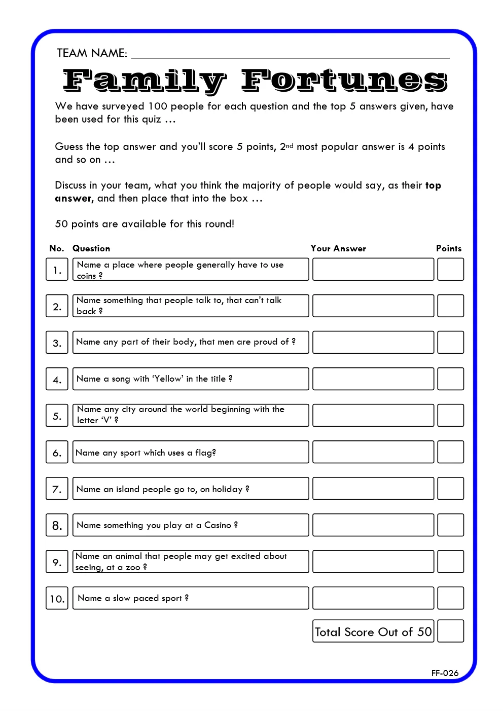 Family Fortunes Game 26 Family Fortunes Questions And Answers Inst Boogie Bingo Games