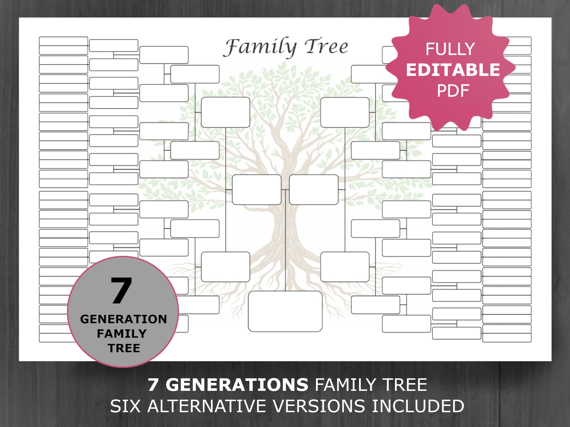 Family Tree Chart 7 Generations Printable And Editable Family Tree Template Digital Ancestor Pedigree Chart Ancestral Genealogy Template 