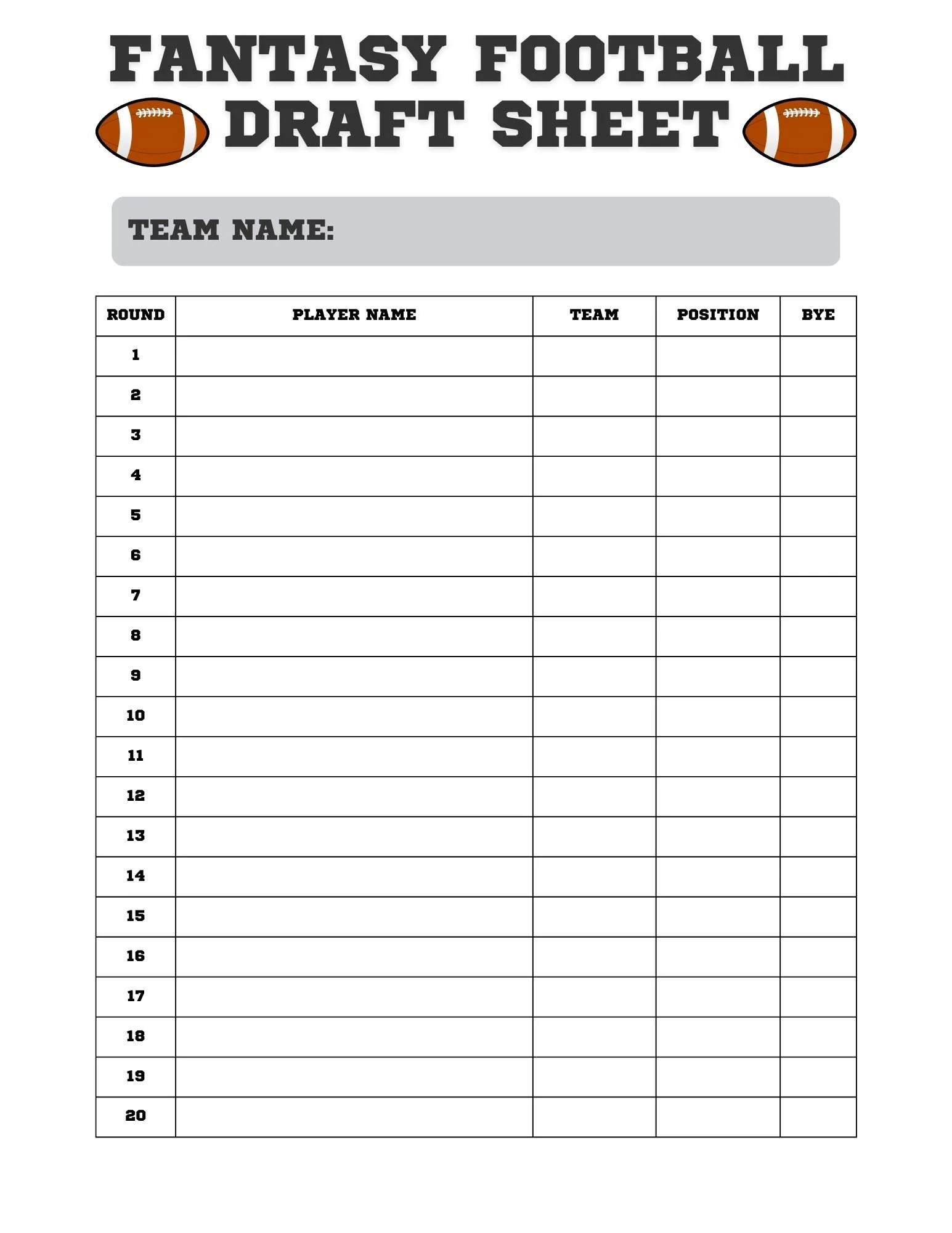 Fantasy Football Draft Sheet Printable Draft Day Kit digital Download Etsy Israel