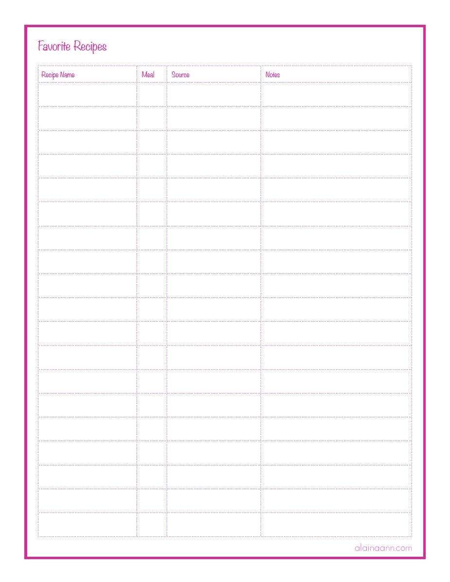 Favorite Recipes List Printable Alaina Ann