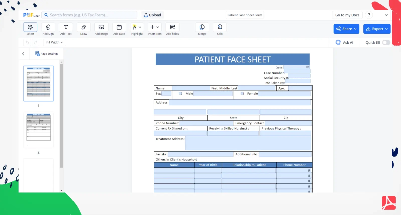 Fillable Patient Face Sheet Form Blank Sign Forms Online PDFliner