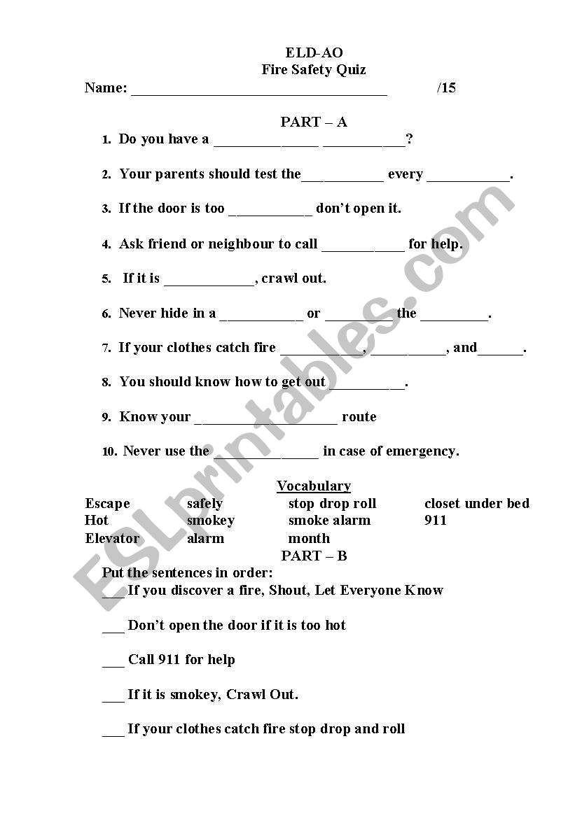 Fire Safety Quiz ESL Worksheet By Hansari9119 Worksheets Library