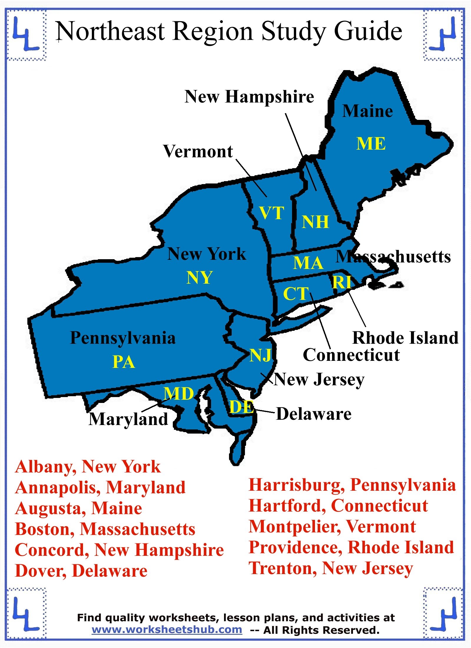 Northeast States And Capitals Quiz Printable Northeast States And Capitals Quiz Printable
