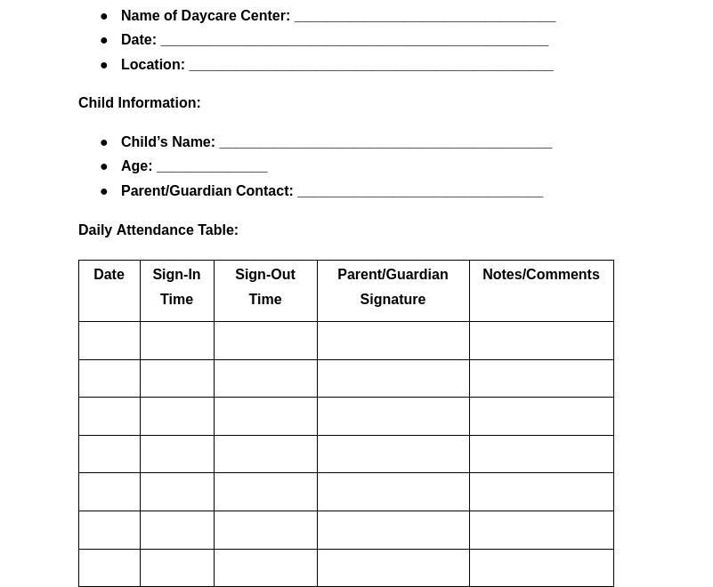 FREE 10 Daycare Sign In Sheet Samples PDF MS Word Google Docs